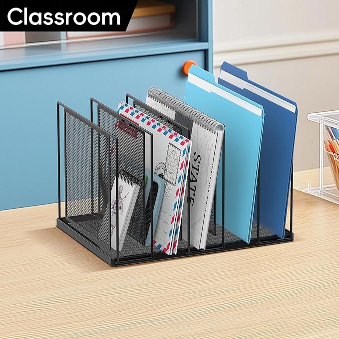 File Organizer for Desk, 5-Section Vertical File Sorter, Paper Holder Organizer Standing Metal File Folder for Office Home Classroom, Black