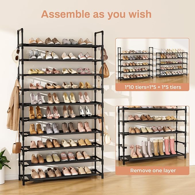 Tall Shoe Rack 10 Tier Shoe Organizer Large Shoe Shelf with 18 Hooks Storage for 50 Pair, Stackable Vertical Shoe Rack Organizer for Closet, Entryway, Bedroom