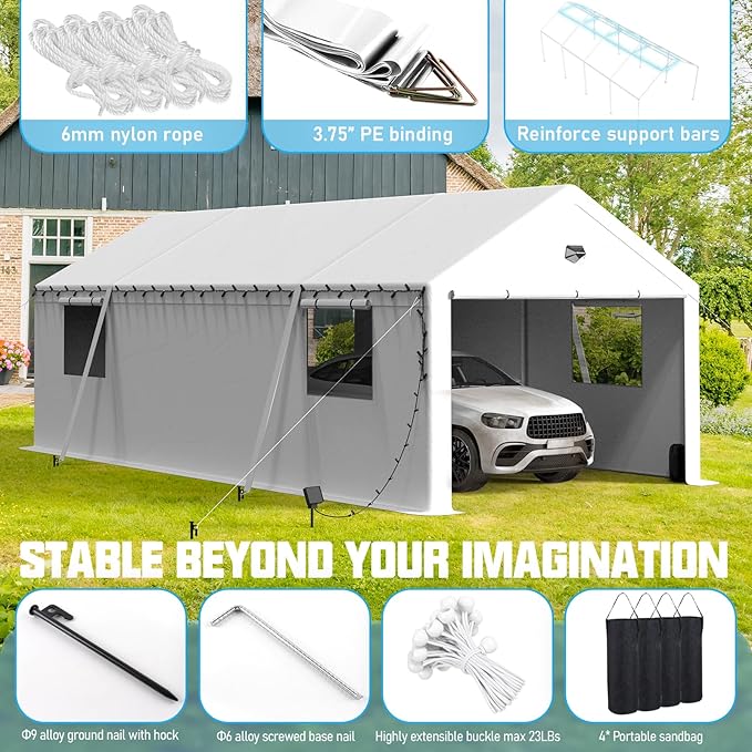 Carports Canopy 13x20 Heavy Duty, Portable Car Port Garage with Roll Up Drive Through Doors, White