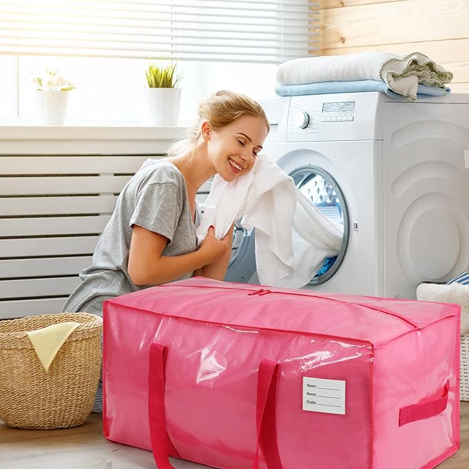 8 Pack Extra Heavy Duty Large Moving Bags with Comfortable Handle & Strong Zipper,Storage Totes for Space Saving Moving Storage College Supplies Alternative to Moving Box,Pink