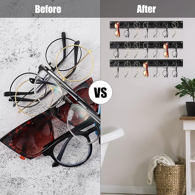5 Pack Acrylic Sunglasses Organizer - Wall Mounted Sunglasses & Eyeglasses Holder - Hanging Eyewear Display Rack for Entryway Shelf (Black)