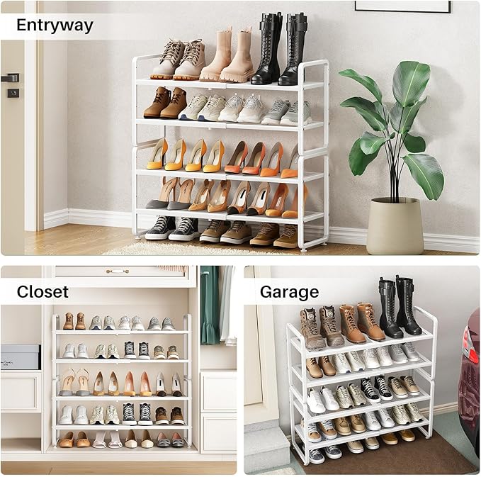 Shoe Rack - Expandable Shoe Organizer for Closet, Adjustable Metal Shoe Shelf Storage, Stackable Long Shoe Stand Holder for Garage, Entryway, Door Entrance (White, 4-Tier)