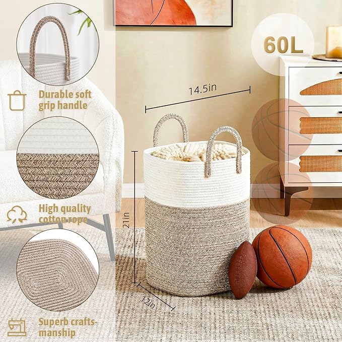 Laundry Basket,Woven Cotton Rope Laundry Hamper,Versatile Storage for Dirty Clothes,Baby Toys,and Blankets in Bathroom, Nursery,and Living Room (Brown, 60L)