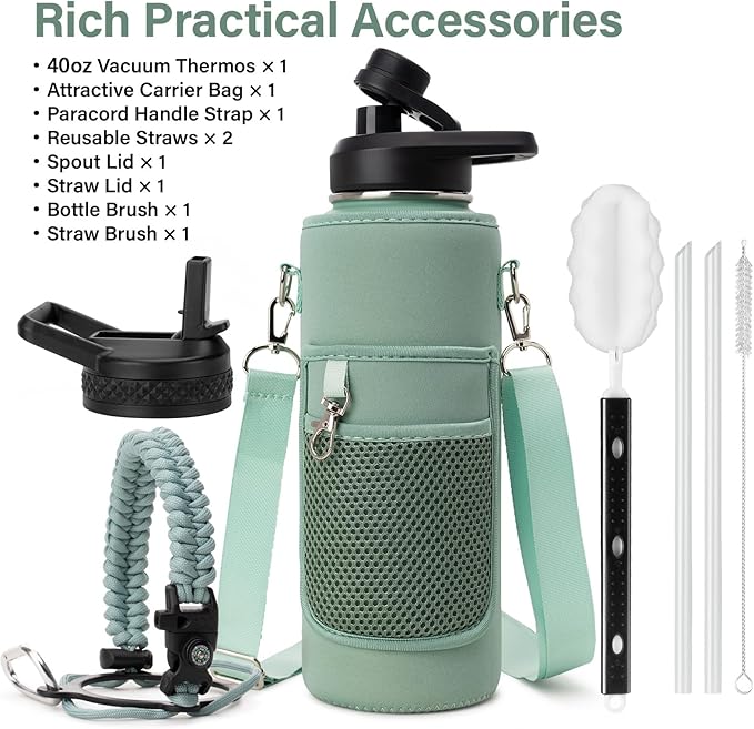 Insulated Water Bottle | Thickened Stainless Steel Vacuum Metal | Portable Sports Water Jug for Gym and Hiking with Straw, Carrier Bag, Handle Strap | BPA-Free 40 oz