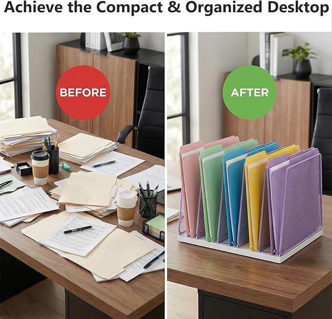 AUPSEN 5-Section Wooden Desktop File Organizer, File Sorter Storage Rack, Vertical File Holder for Office Supplies, Purple