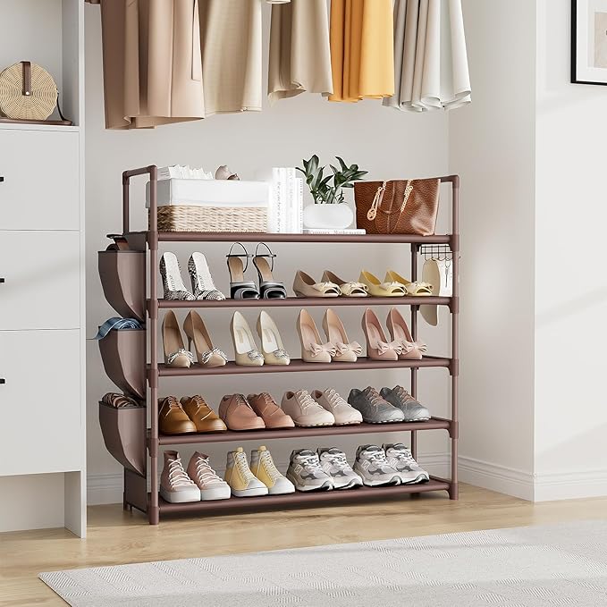 Shoe Rack for Closet Shoe Organizer Space Saver Storage for 20-25 Pair Shoe Shelf with Hook and Side Pocket Free Standing 5 Tier Shoe Rack Organizer for Entryway,Small Spaces, Brown