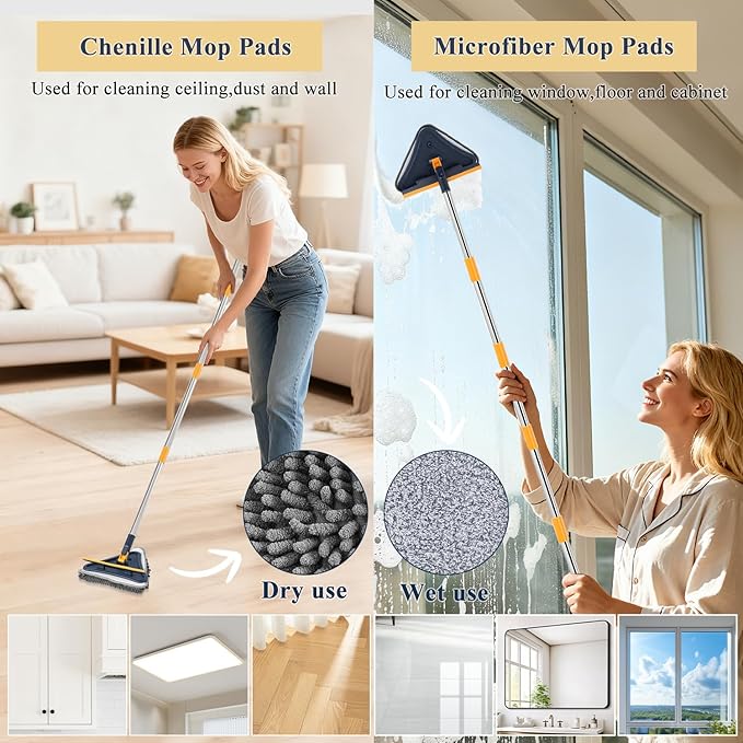 5 in 1 Wall Cleaner Mop, 78 Inch Base Board Cleaner Tool with Long Handle, 360° Wall Washing Tool for Ceiling, Floor and Window Cleaning with 3 Microfiber & 3 Chenille Pads