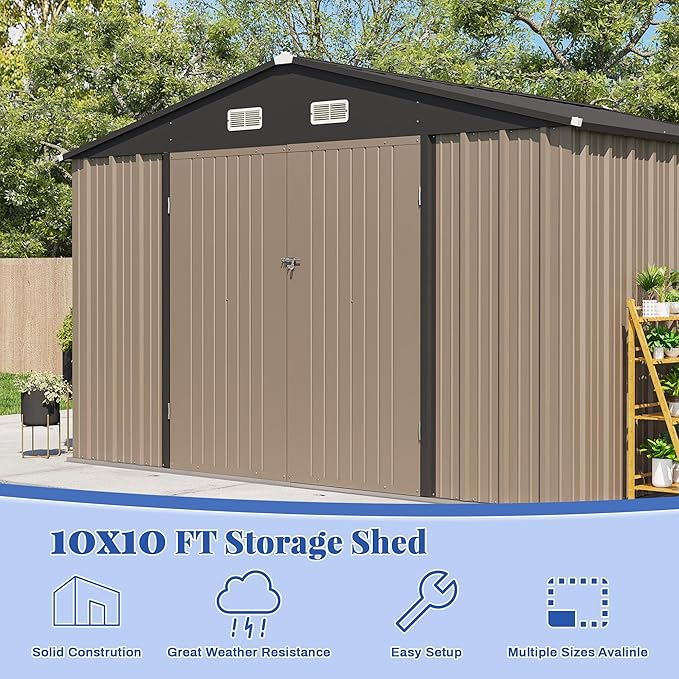 Patiowell 10x10 FT Storage Shed, Outdoor Metal Sheds with Lockable Door and Sloping Roof, Waterproof Outside Large Garden Tool Shed with Breathable Vents for Patio Lawn Backyard, Brown
