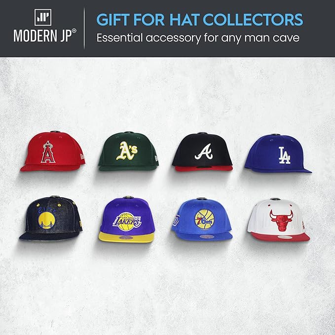 Modern JP Adhesive Hat Hooks for Wall (16-Pack) - Hat Rack for Baseball Caps, Minimalist Hat Display, Strong Hold Hat Hangers for Wall - USA Patented, White