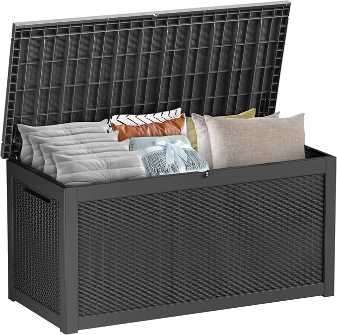 Outdoor Storage Box, 320 Gallon Lockable Resin Deck Box Large Waterproof, Patio Storage Bin for Furniture Cushion, Garden Tools and Pool Accessories, UV-Resistant Bench Cabinet for Outside, Black