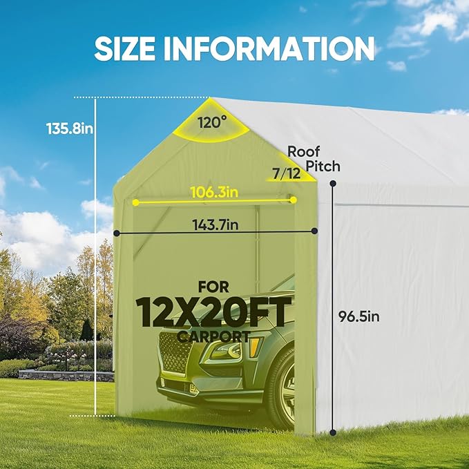 ADVANCE OUTDOOR 12x20 ft Carport Replacement Door with Zippers Tarp, Heavy-Duty Waterproof & UV Protected, Easy Installation with Ball Bungees, White, One Door Only
