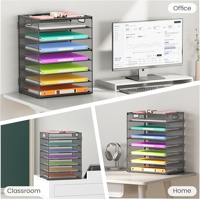 Lavatino 8-Tier Office Desk File Organizer, Letter Tray Paper Organizer with Handle, Including 5 Adjustable Slide Trays for Organizing Desktop Workspace Accessories and Supplies (Grey Metal Mesh)