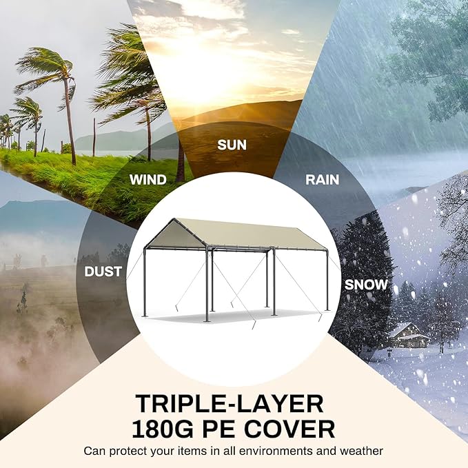 Carport 10x20 Ft Heavy Duty Canopy Steel Canopy Storage Shed,Portable Party Tent,Portable Garage All-Season Tarp for Carport Floor Fixing Beige