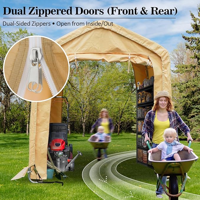 CHARMELEON 8x8FT Heavy Duty Outdoor Storage Shelter,Portable Garage Shelter for Garden Tool Motorcycle Bike,All-Steel Metal Frame Storage Tent with Dual Doors & Thickened Fabric (Khaki)