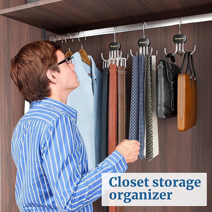 Belt Hanger, Belt Organizer for Closet,Rotatable Tie Rack,Belt Holder,Hanging Closet Storage Hook for Belt, Bra, Tank Top, Tie, Scarf, Purse,1PCS,Black