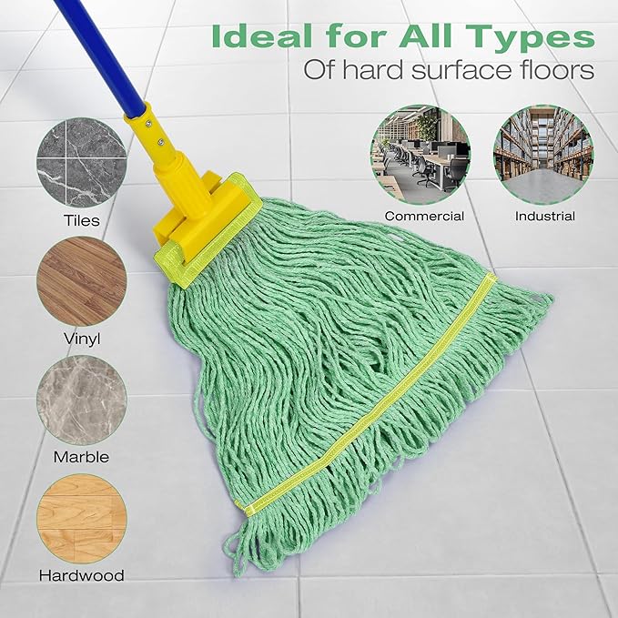 Matthew Cleaning Heavy Duty Mop Head Replacement, 5 Inch Wide Headband, Color Coded Looped End Cotton String Wet Mops for Floor Cleaning, Large Size 24 oz, 8 Pack