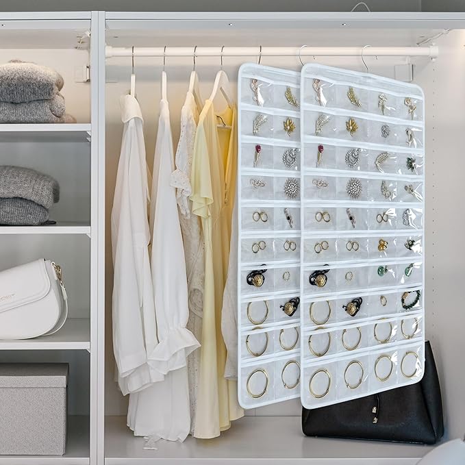 80 Pocket Hanging Jewelry Organizer with Hanger Metal Hooks Storage On Wall Door Closet Double-Sided(Each Side 40 Pockets) Jewelry Holder for Earrings, Necklaces, Rings (White+White)