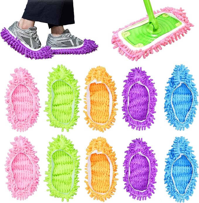 KEEPOW Mop Slippers Shoes Microfiber Floor Cleaning Tool House Mop Socks Shoe Cover Mopping Slippers Shoes Cover Soft Washable Reusable Foot Socks for Women Men Floor Cleaning Tool (5 Pairs)