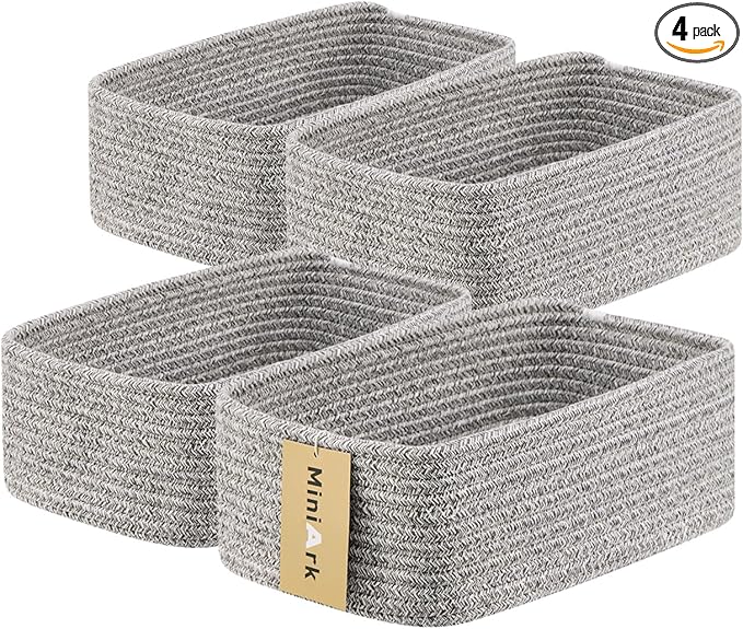 Small Storage Baskets for Organizing | Closet Organizer Bins | Shelf Toy Basket | Woven Rope Baskets | Cube Decorative Box | Shallow Basket | 11.5x7.5x4.7” | 4 Packs Mixed Grey