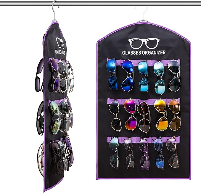 Hanging Sunglasses Organizers Eyeglasses Holder Stand, 30 Slots Eyeglass Case Eyewear Wall Organizer Multiple Eyeglasses Storage Sunglass Wall Mount Foldable Travel Glasses Case