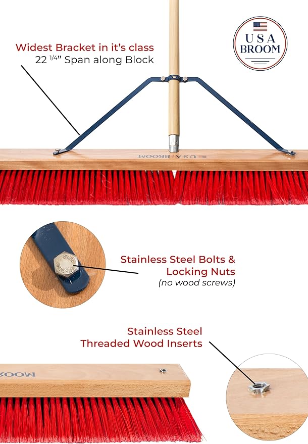 1-Pack - 36" Everyday Sweep Indoor/Outdoor Push Broom with 60" Handle. Ideal for Garages & Shops. Durable American Made Steel Brackets-All Stainless Steel Hardware. No Plastic. 100% USA Made