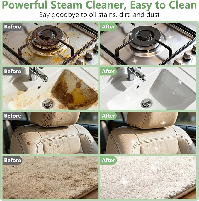 Steam Cleaner, Portable Steamer for Cleaning with 16pcs Accessories, 6-Level Adjustable, 15s Heat-Up, Handheld Steam Cleaner for Home for Tile, Grease, Dirt, Grout, Car Detailing, Green
