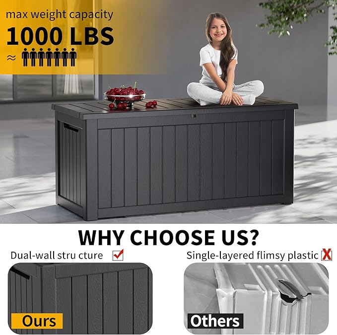 270 Gallon Lockable Resin Outdoor Storage Box, Waterproof & Weather Resistant Deck Box for Patio Cushion, Garden Tools & Pool Accessories, Black