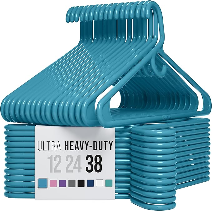 NEATERIZE Ultra Heavy Duty Plastic Clothes Hangers - Blue - Durable Coat, Suit and Clothes Hanger. Perchas De Ropa (38 Pack - Blue)