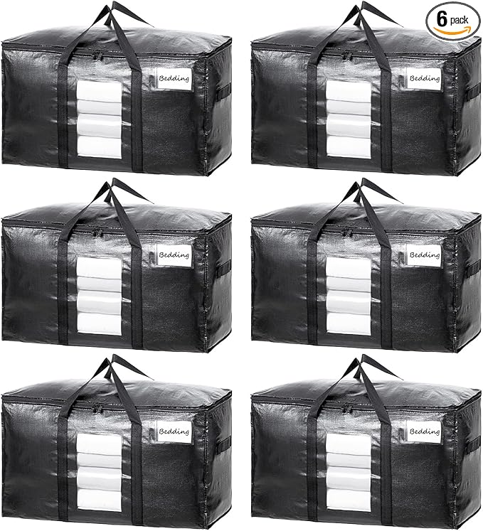 TAILI Extra Large Moving Bags, 6 Pack Black Heavy Duty Totes for Storage with Visible Window, Wrap Around Handles, Storage Bags for Space Saving, Alternative to Moving Boxes