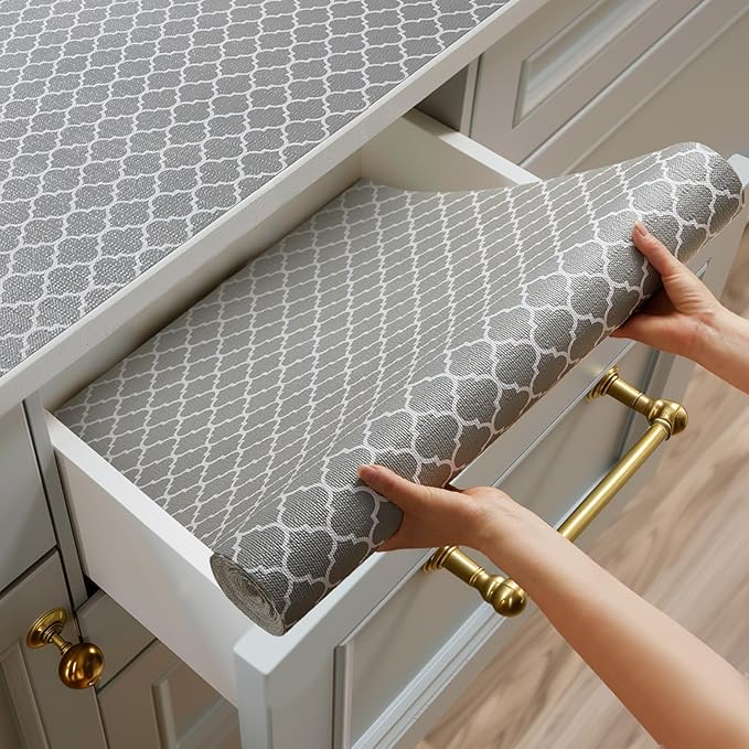 Shelf and Drawer Liner for Kitchen Cabinets Non-Adhesive, Strong Grip Non-Slip Thickened Cabinet Liners for Shelves, Waterproof Mats for Dresser Cupboard, Gray, 17 in x 10 Feet