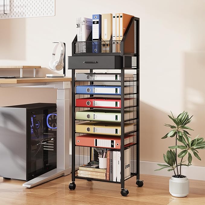 SWTYMIKI 9-Tier Rolling File Cart - Paper Organizer with Drawer and Trays, Wood Desk Office Organizer, Office Organization and Binder Storage for Workspace, Home, School, Black