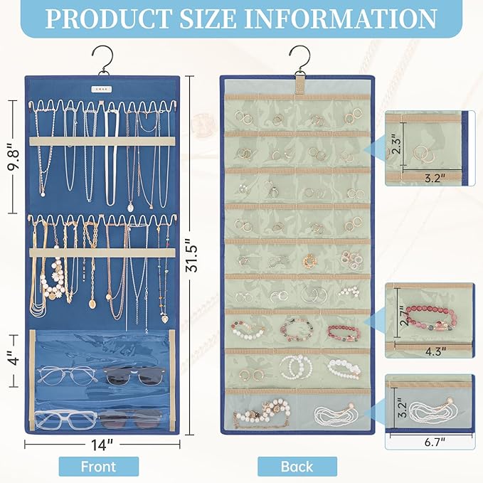GMAK Hanging Jewelry Organizer with Hanger Metal Hooks, Double-Sided Jewelry Holder Accessories Organizer Storage Roll for Jewelry, Earrings, Bracelets, Necklaces, Rings - Navy Blue