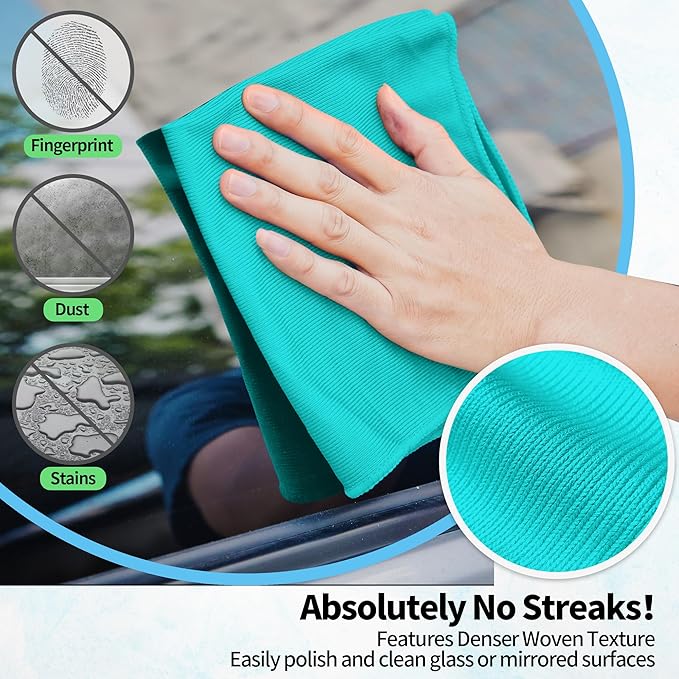 HOMERHYME Microfiber Cleaning Cloth, 12 Pack Window Glasses Cleaning Cloth, Reusable Lint-Free Streak Free Polishing Cloth Wipes for Stainless Steel, Eyeglass, Mirror, Screen & Lense, Turquoise