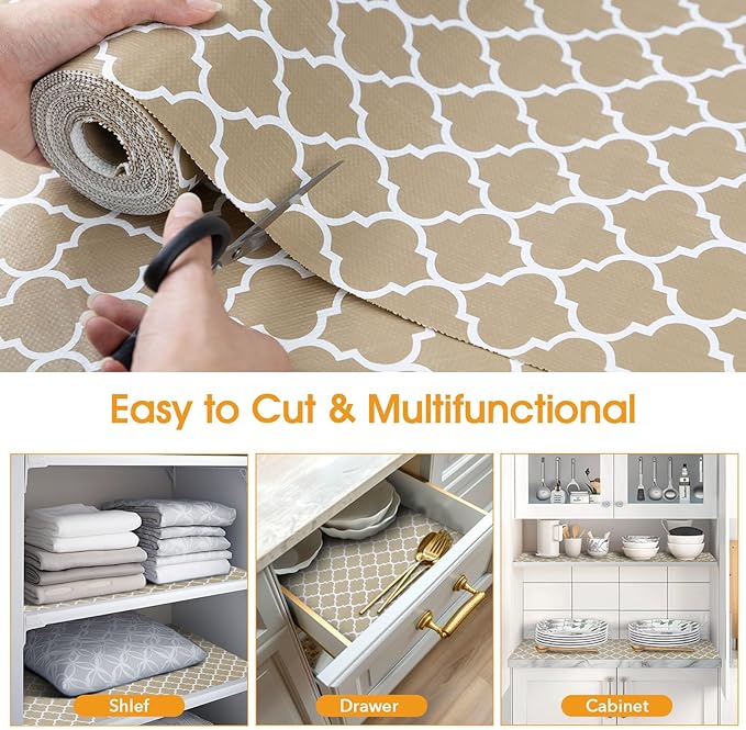 Shelf and Drawer Liner for Kitchen Cabinets Non-Adhesive, Strong Grip Non-Slip Thickened Cabinet Liners for Shelves, Waterproof Mats for Dresser Cupboard, Beige, 12 in x 20 Feet