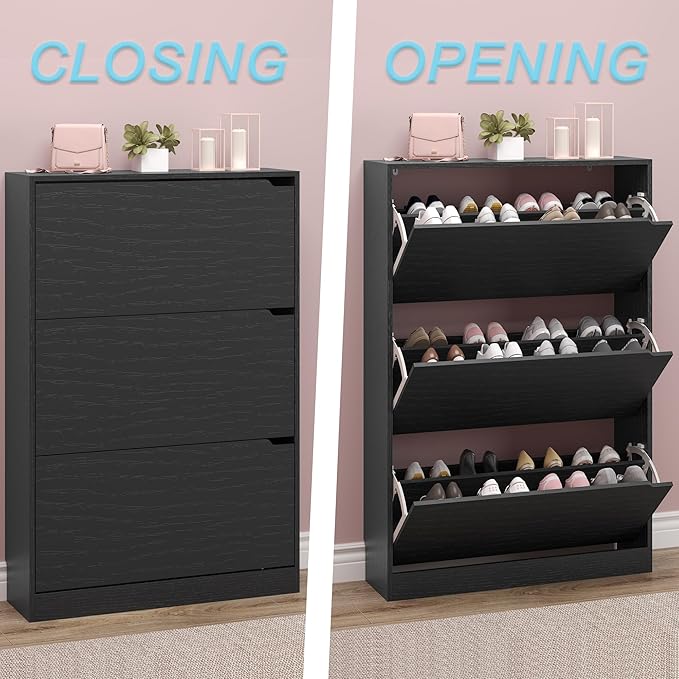 Shoe Storage Cabinet with 3 Flip Drawers,Narrow Shoe Rack Cabinet,Freestanding Organizer Storage for Entryway, Hallway, Black