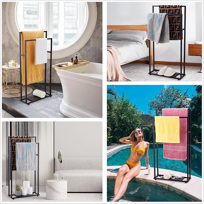Standing Towel Racks for Bathroom, 39'' Tall 2 Tier Bathroom Towel Stand with Storage Shelves, Modern Standing Pool Drying Rack for Outdoor, Black Blanket Holder, ALHAKIN