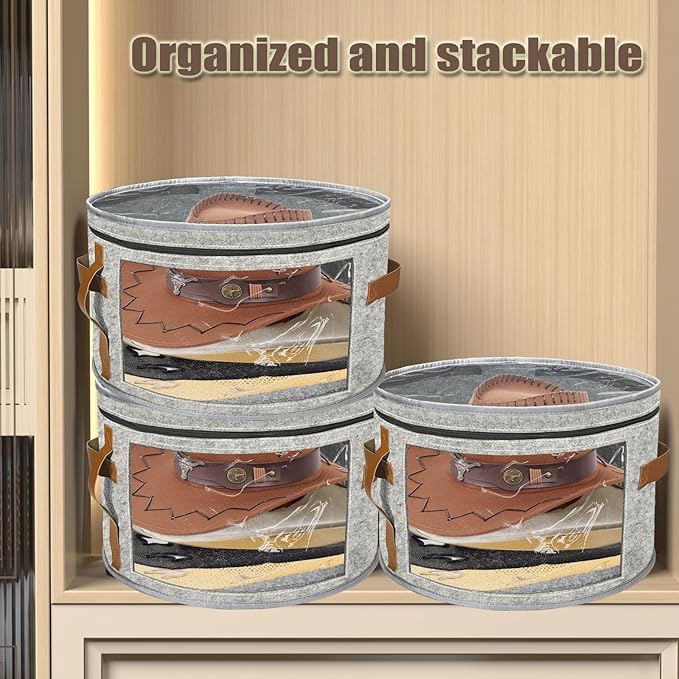 STARGAZ Hat Organizer Box, Stackable Hat Box for Women Storage, Large Felt Cowboy Hats Storage Boxes, for Straw Hats, Baseball Cap for Men With Clear Dust Proof Lid, for Closet (Light Gray)
