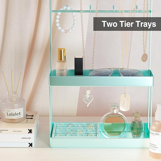Lolalet 4-Tier Jewelry Organizer Stand with 12 Hooks, Necklace Bracelet Ring & Sunglasses Holder, Cute Metal Jewelry Storage Rack for Vanity, Dresser or Entryway, No Assembly -Light Blue