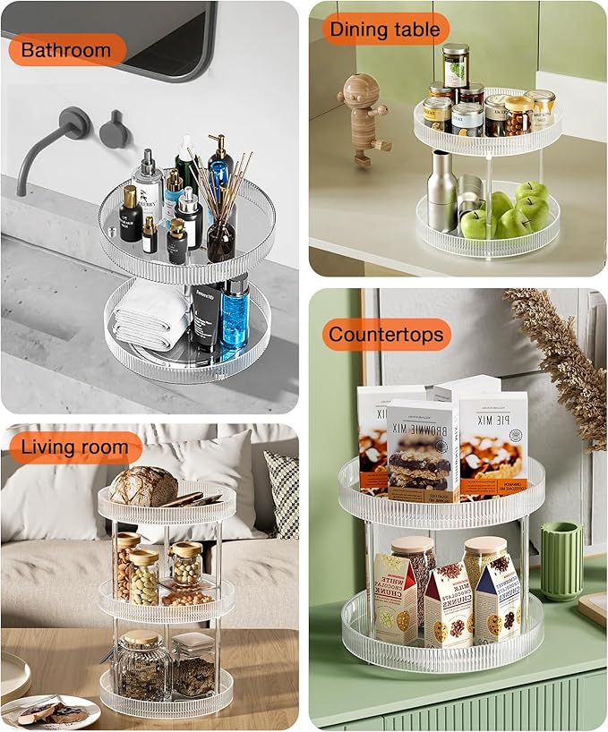 360° Clear Rotating Storage Tray, 2 Tier Lazy Susan Bathroom Countertop Organizer, Cosmetics and Perfume Organizer, Spinning Storage Tray Vanity Organizer Shelf for Bathroom Cabinet, Kitchen(Medium)