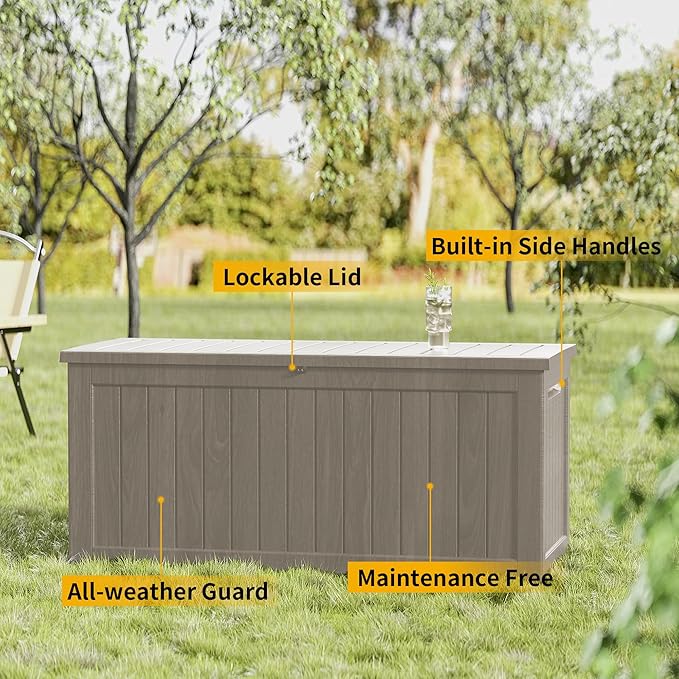 Outdoor Storage Deck Box Waterproof, 270 Gallon Large Lockable Patio Storage Bin Chest, Resin Outside Container Seat Bench for Furniture Cushions, Pool Accessories, Garden Tools & Delivery, Grey