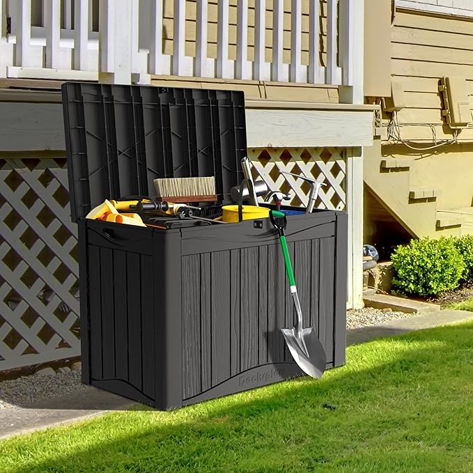 50 Gallon Lockable Resin Outdoor Storage Box, Waterproof & Weather Resistant Deck Box for Patio Cushion, Garden Tools & Pool Accessories, Black
