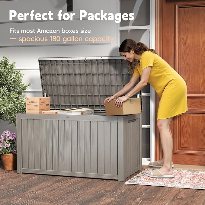 Outdoor Storage Box, 200 Gallon Waterproof Resin Deck Box, Storage Bin for Package Delivery, Patio Furniture Cushion, Garden Tools, Pool Accessories, Weatherproof and UV Resistant, Grey