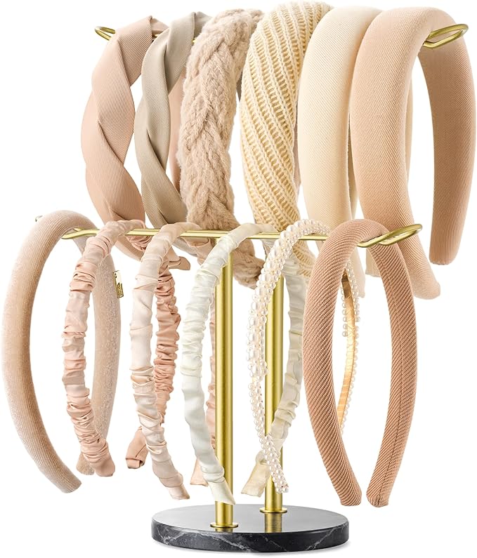 Headband Holder Organizer Two-Tier with Marble Base: Jewelry Display for Women, Hair Accessories Storage Stand Scrunchie Necklace rack for Girls, for Bathroom, Vanity, Dresser, Black and Gold