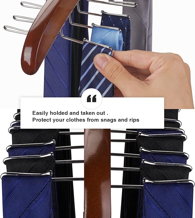 Tie Rack Tie Hanger 24 Hooks Wooden, Tank Top Hanger,Belt Organizer for Closet,with Upgraded 360°Rotating, Belts Scarves Accessories for Bras,Tank Tops,Camisoles…