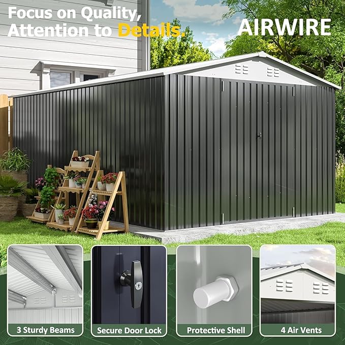 10x14 FT Outdoor Storage Shed, Garden Shed with Updated Frame Structure and Lockable Doors, Metal Tool Sheds for Backyard Garden Patio Lawn, White