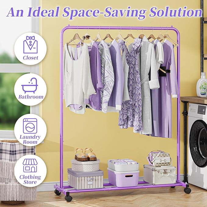 Simple Trending Standard Clothes Clothing Garment Rack with Storage Shelves, Rolling Clothes Organizer on Wheels for Hanging Clothes, Purple