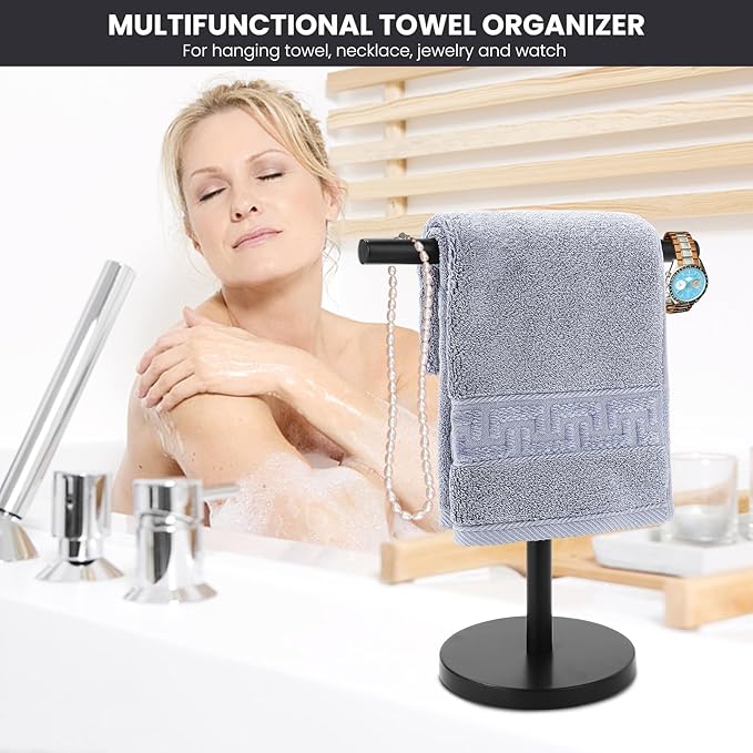 T-Shape Bath Hand Towel Holder Stand, Stainless Steel Free Standing Hand Towel Rack with Heavy Base, for Bathroom Kitchen & Countertop, Matte Black, 2 Pack