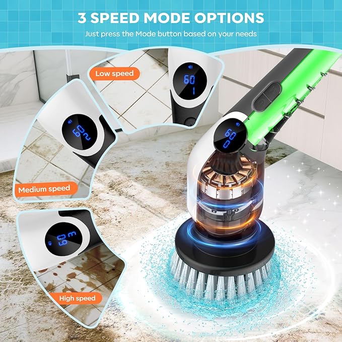 YKYI Electric Spin Scrubber-Cordless Power Scrubber with 8 Brush Heads, 3 Speeds & Adjustable Long Handle, IPX7 Waterproof Shower Cleaning Brush for Bathroom Tile, Bathtub, Grout, Kitchen(Matte White)