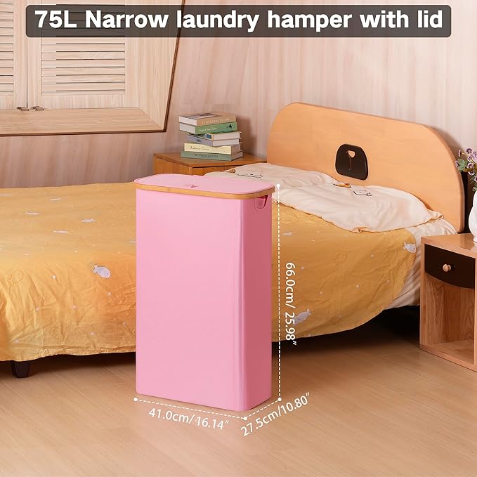 75L Slim Laundry Hamper, Narrow Laundry Basket with Lid,Foldable Clothes Hamper with Bamboo Handles,Hamper Basket with Removable Inner Bag for Laundry Room Bedroom College Dorm,19.8 Gals Pink