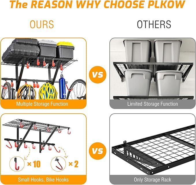 PLKOW Garage Wall Shelving 4-Pack Includes Bike Hooks, Sturdy Adjustable Garage Shelving Wall Mount Wall Organizer (Black, 4-Pack)